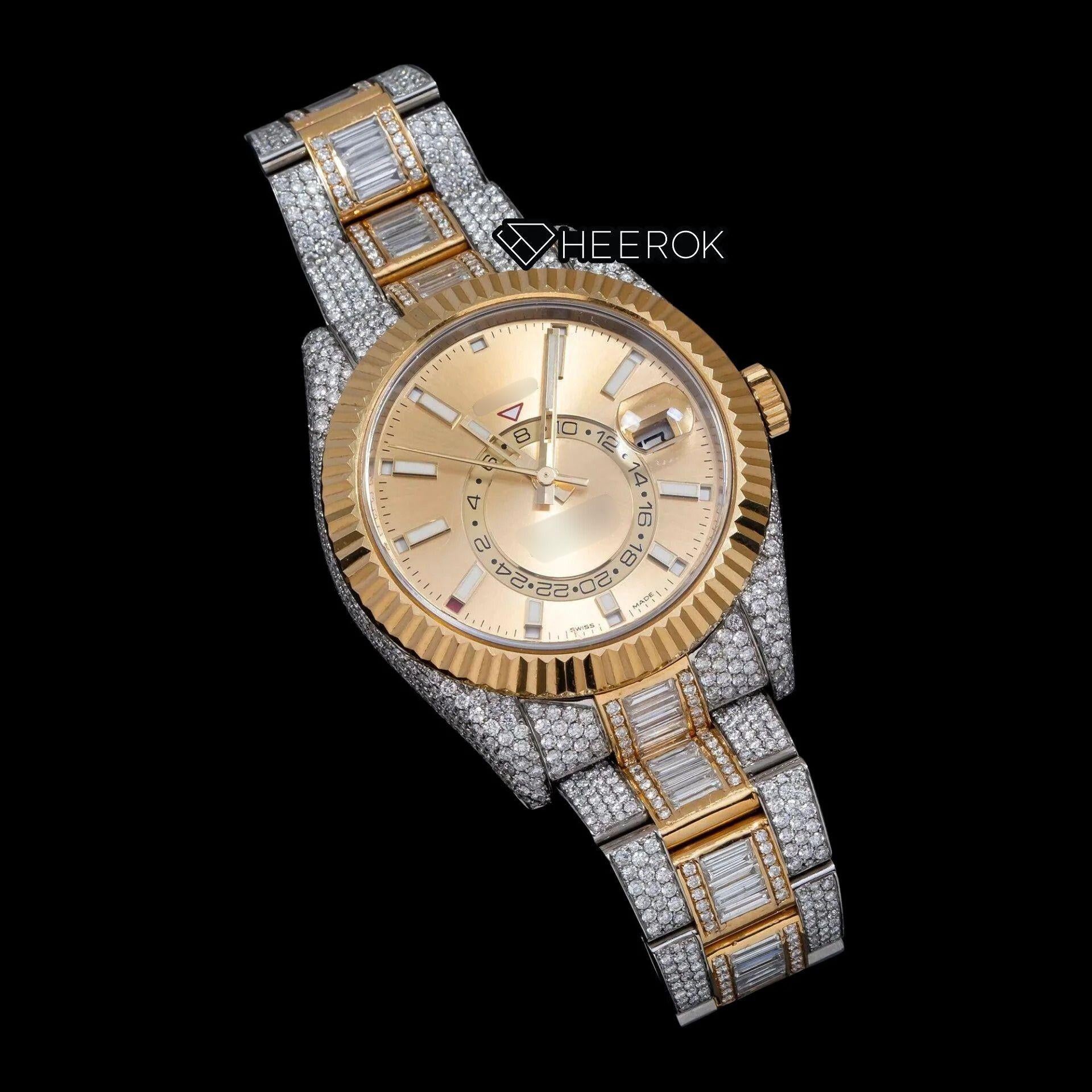 Rolex Sky-Dweller Yellow Dial White Stick Markers Fluted Bezel Two Tone Yellow Gold Baguette Moissanite Diamond Oyster Bracelet Watch