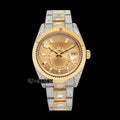 Rolex Sky-Dweller Yellow Dial White Stick Markers Fluted Bezel Two Tone Yellow Gold Baguette Moissanite Diamond Oyster Bracelet Watch