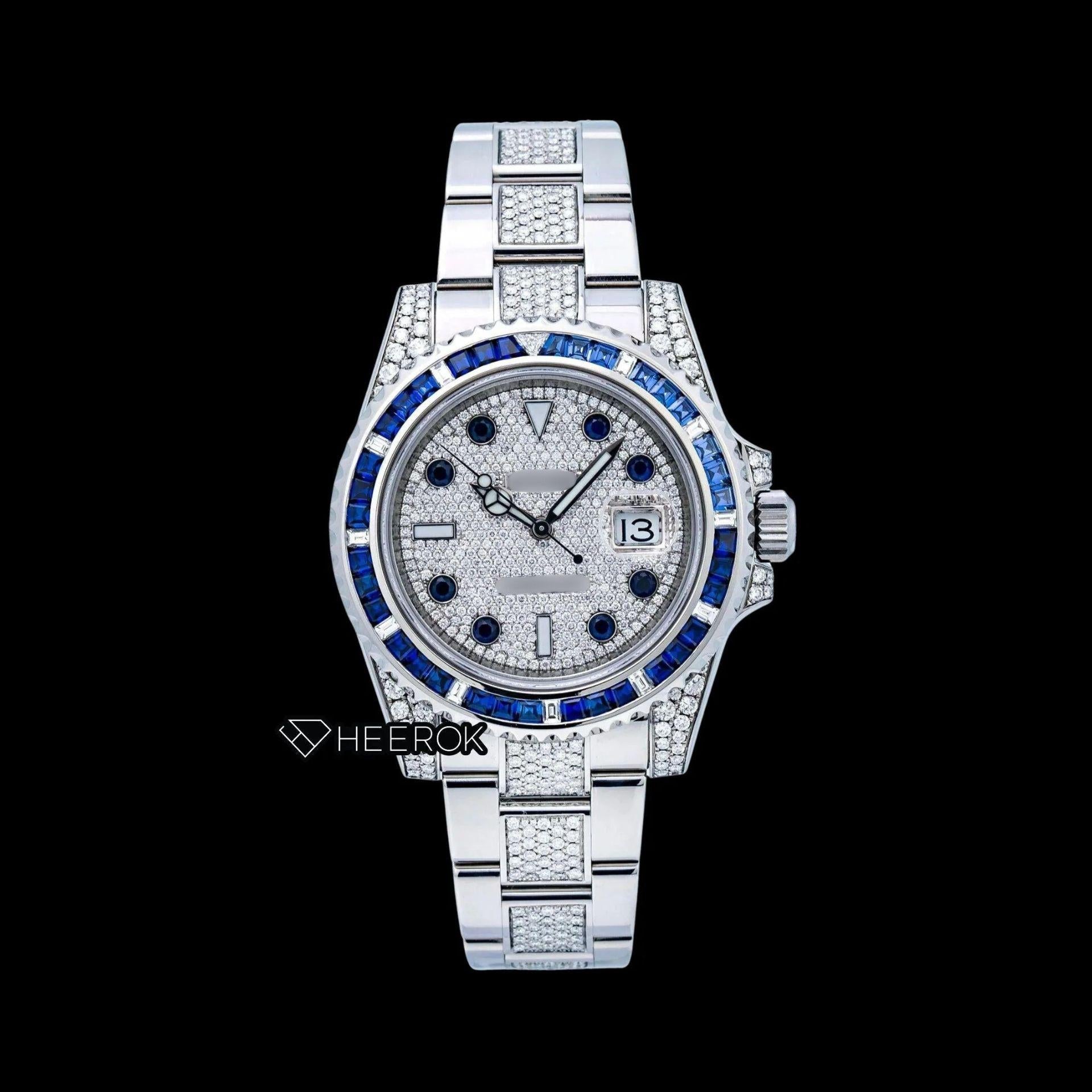 Rolex Submariner Diamond Paved Dial Diamond Markers Diamond Bezel Semi Iced Moissanite Diamond Oyster Bracelet Watch