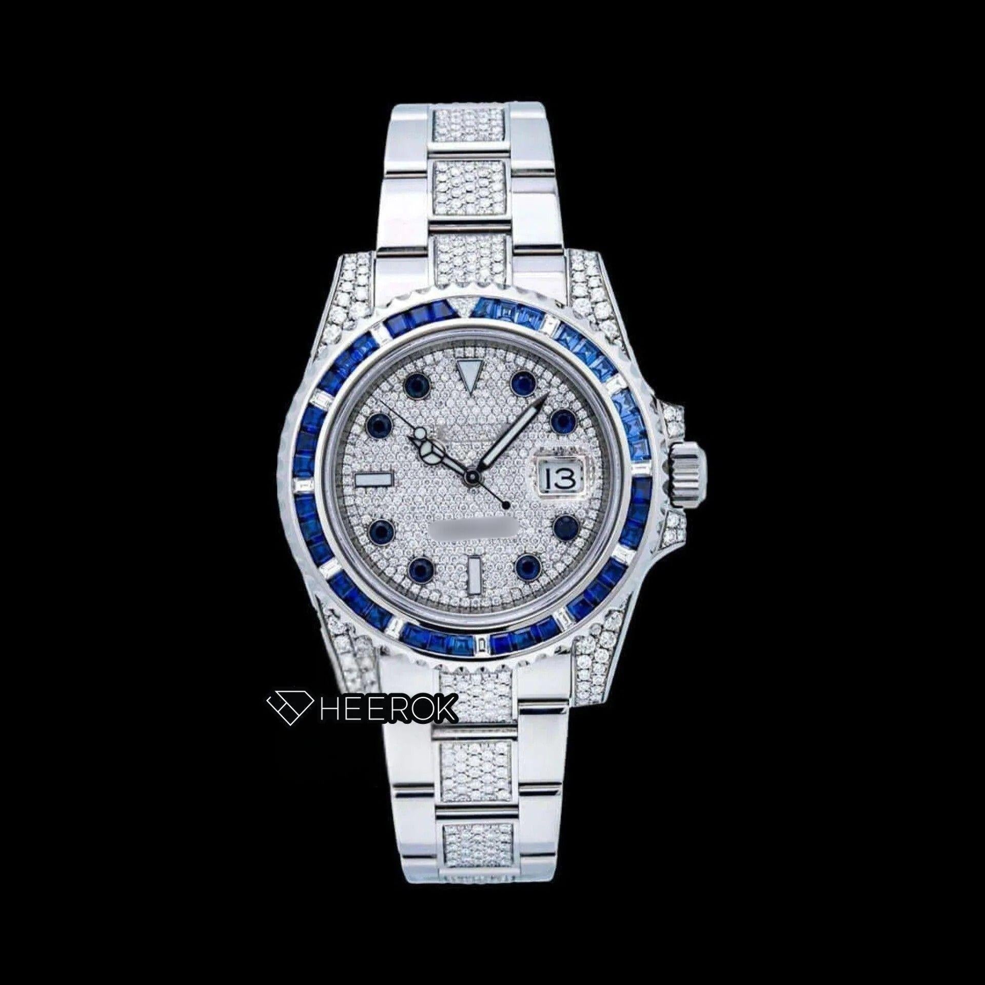Rolex Submariner Full Pave Dial Blue Sapphire Bezel Diamond Markers Moissanite Diamond Oyster Bracelet