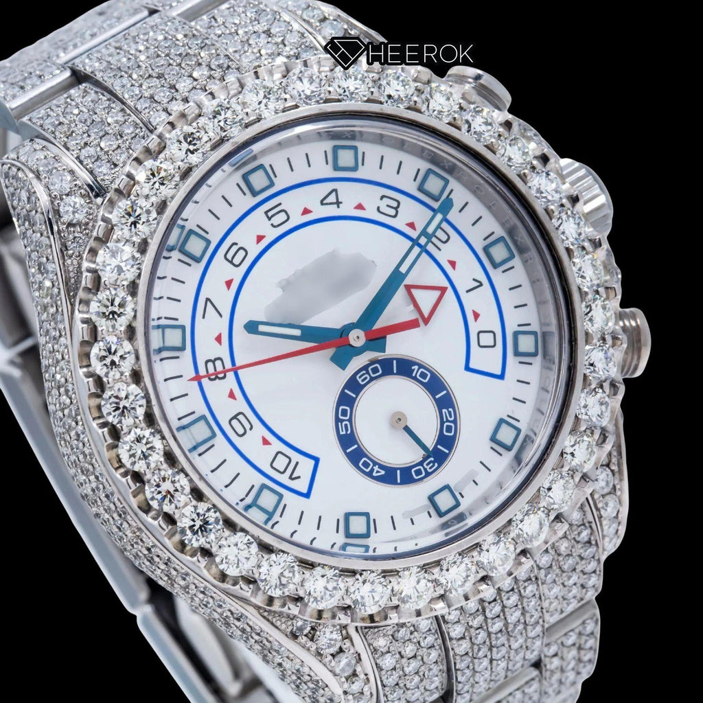 Rolex Yacht-Master White Dial Square Shape Markers Diamond Bezel  Fully Iced Moissanite Diamond Oyster Bracelet Watch