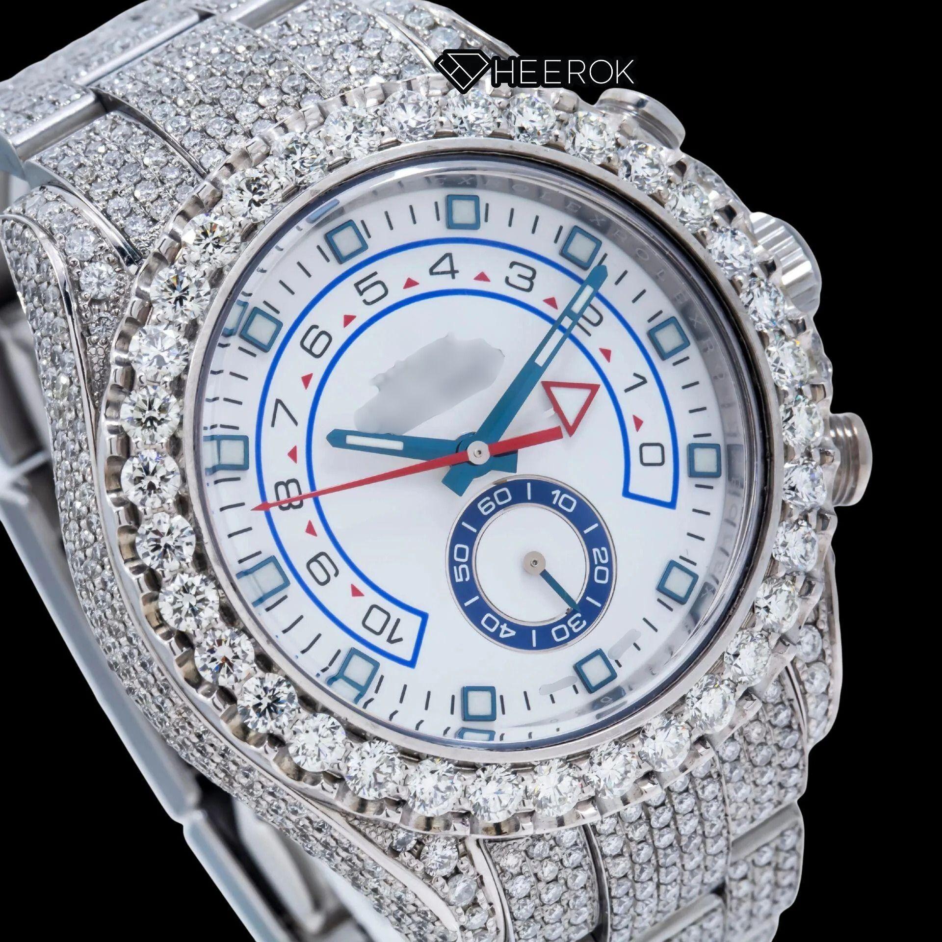 Rolex Yacht-Master White Dial Square Shape Markers Diamond Bezel  Fully Iced Moissanite Diamond Oyster Bracelet Watch