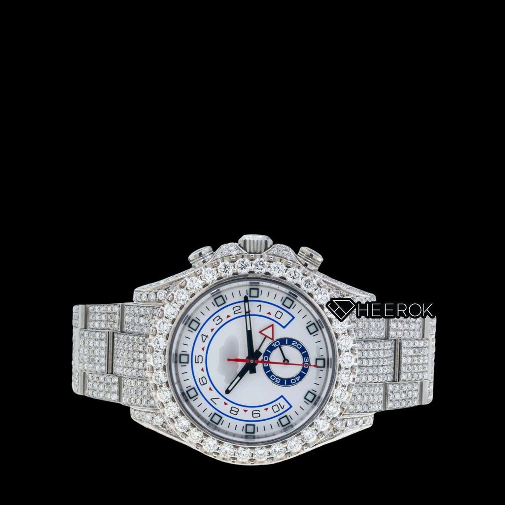 Rolex Yacht-Master White Dial Square Shape Markers Diamond Bezel  Fully Iced Moissanite Diamond Oyster Bracelet Watch