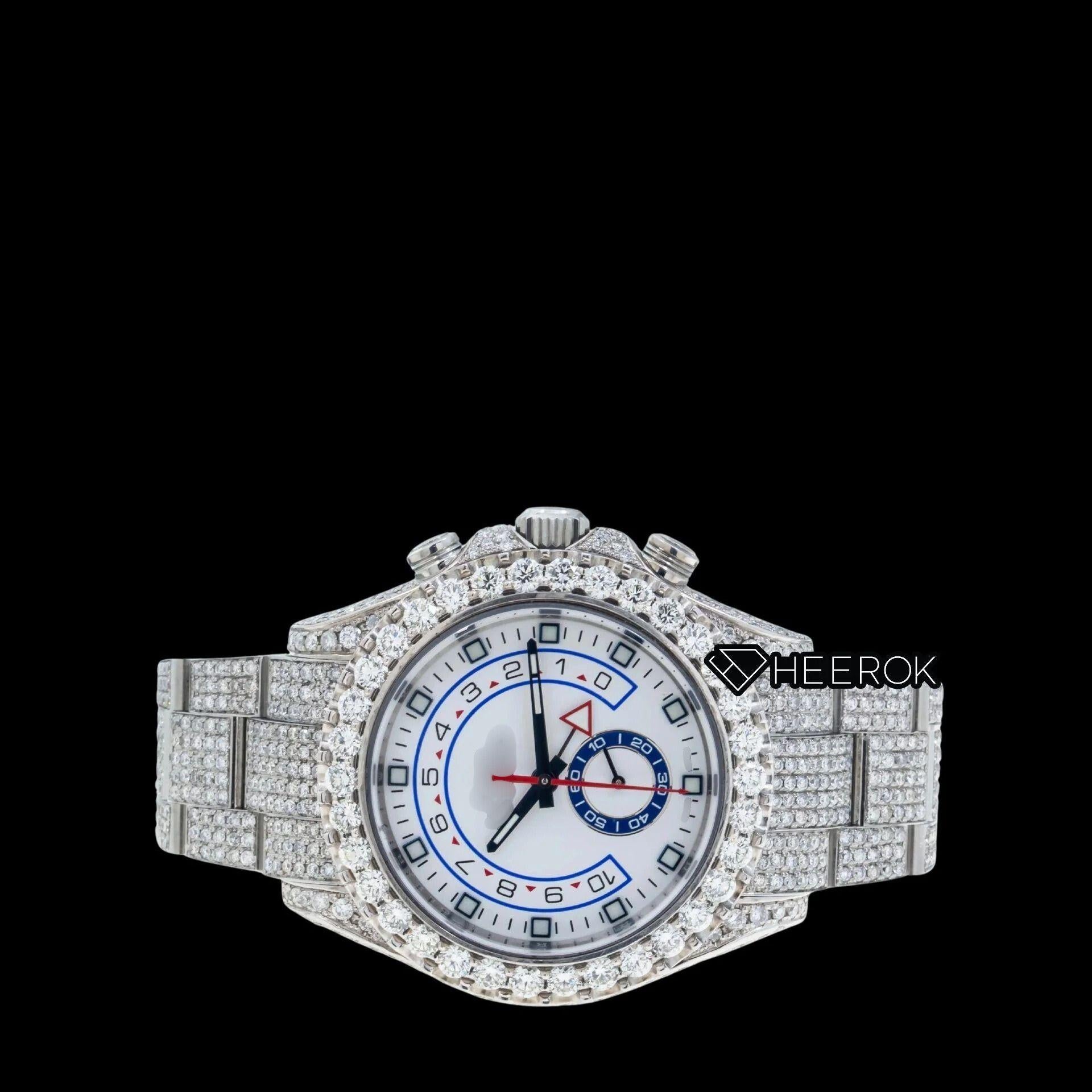 Rolex Yacht-Master White Dial Square Shape Markers Diamond Bezel  Fully Iced Moissanite Diamond Oyster Bracelet Watch