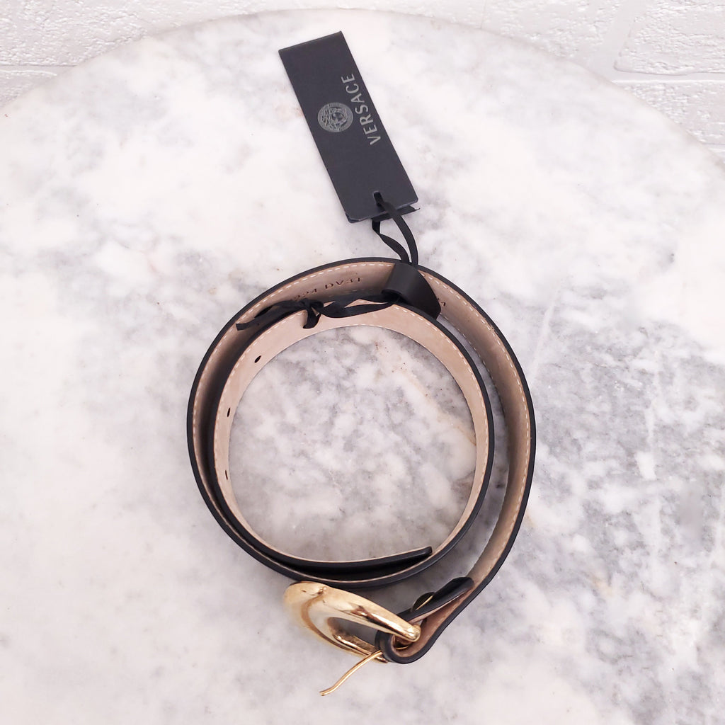 VERSACE BLACK LEATHER BELT WITH GOLD BUCKLE - SIZE 60