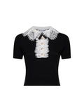 Self Portrait Women Black Wool Knit Top With Lace Collar