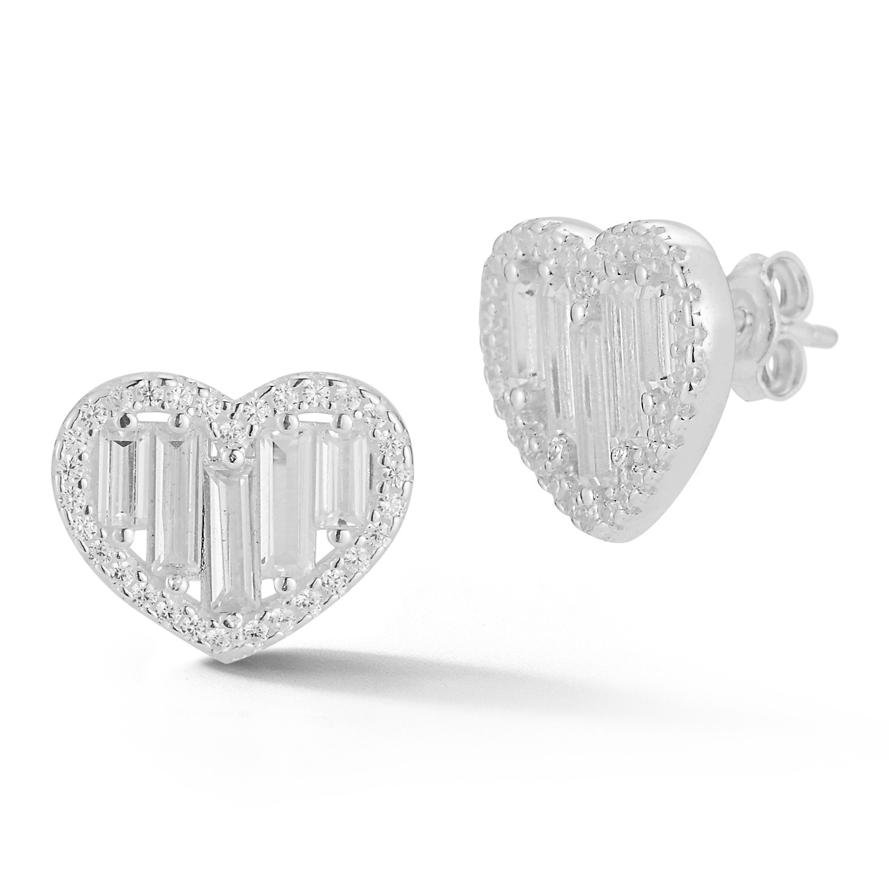Sterling Silver Baguette Heart Studs