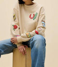 Western Patches Oversized Crew Sweatshirt In Beige