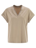 Brunello Cucinelli Women Stretch Cotton Jersey T-Shirt With Precious Neckline