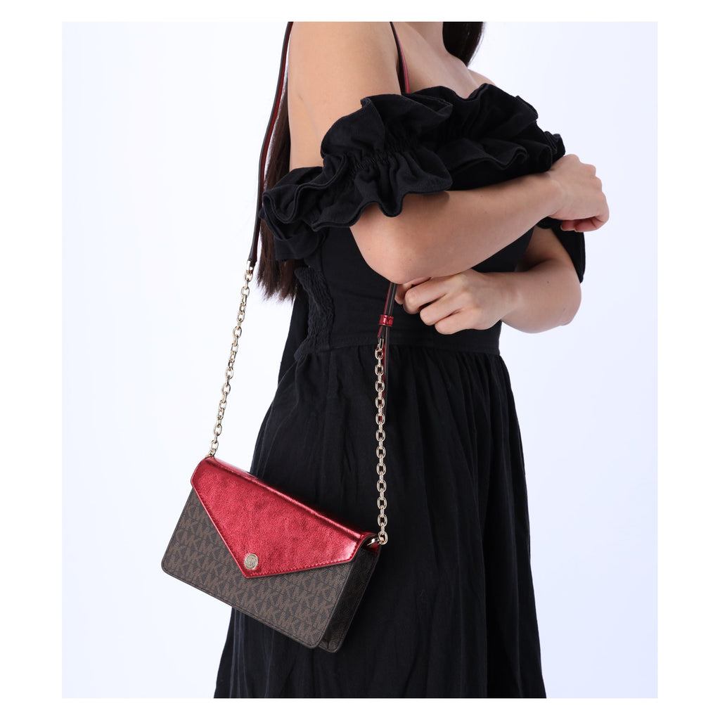 Michael Kors Jet Set Travel Small Signature Clutch Crossbody Brown Crimson Red