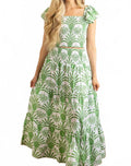Smocked Flutter Sleeve Top And Skirt Set In Green Deco Palm