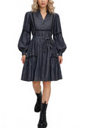 Denim Tencel Lace Trim Dress In Dark Grey