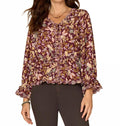 Long Tie Sleeve V-Neck Printed Woven Top In Floral