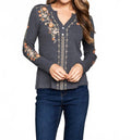 Thermal Knit Embroidered Henley Top In Charcoal