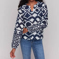 Printed Raglan Long Sleeve Popover Blouse In Navy & Cream