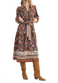 Floral Border Print Belted Midi Dress In Brown Multi