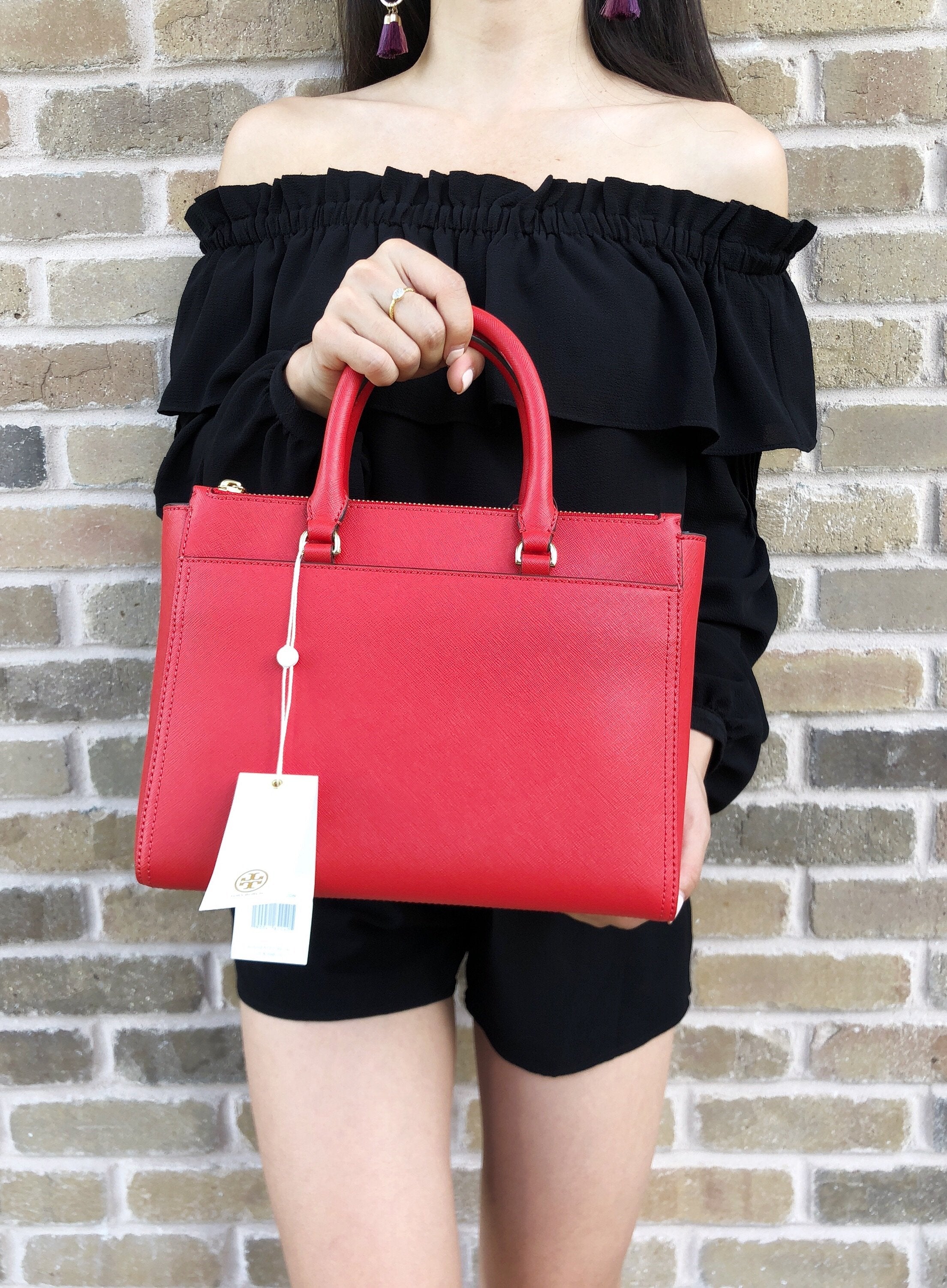 Tory Burch Robinson Small Double-Zip Satchel Bag Poppy Orange Red