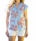Applique Floral Ruffle Top In Blue