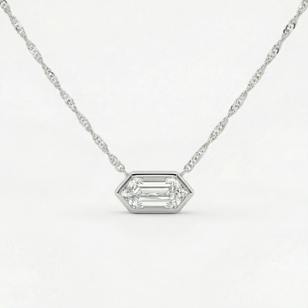 Certified 1.10Ct Long Hexagon Bezel Diamond East West Pendant Necklace Lab Grown