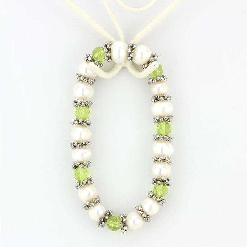 Antique Silver White Metal Bracelet with Synthetic Pearl in Olivine color