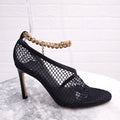BOTTEGA VENETA BLACK FISHNET HEELS WITH ANKLE CHAIN STRAP - SIZE 37