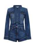 Self Portrait Women Blue Stretch Denim Frill Playsuit