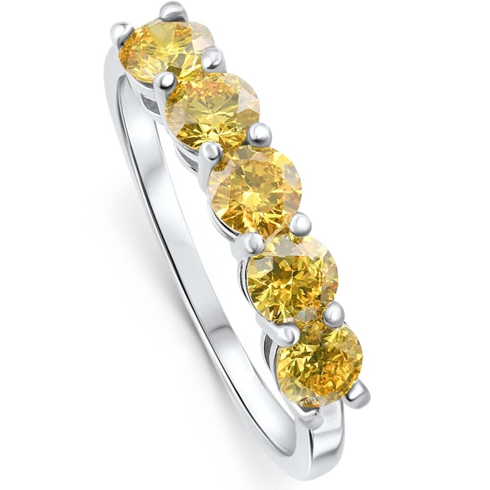 1Ct Fancy Yellow Diamond Five Stone Wedding Ring 14k Gold Lab Grown